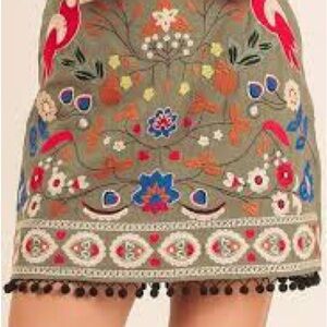 Umgee Olive Skirt with Colorful Embroidery